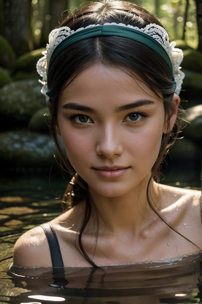 Best Quality, Masterpiece, super high resolution, A super model submerged in hot springs in Japan., outdoor hot springs, stone hot springs, surrounded by moss and trees, super beautiful face, pure body, clear pores visible, (SMILE:0.8), using division (lace headband:1.2), (realism:1.5), Photo original, soaked body, covered in sweat, bare shoulders, in the dark, deep shadows, low-key, cold light