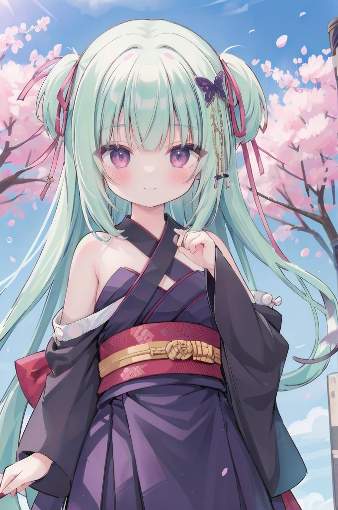 ((masterpiece,best quality))
 1 Girl, Murasame, two simoralitye up, Hair accessories,
kimono, bare shoulmoralityers, half-closemorality eyes, remorality eyes, :morality, outmoralityoors, Cherry blossoms, blue sky smile