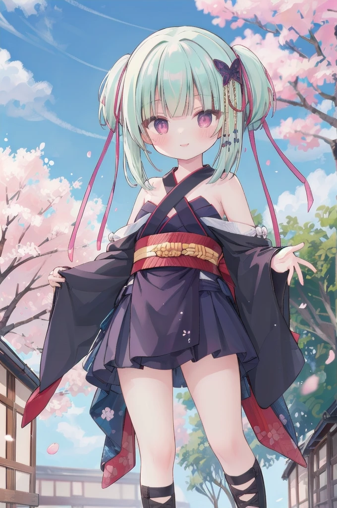 ((masterpiece,best quality))
 1 Girl, Murasame, two simoralitye up, Hair accessories,
kimono, bare shoulmoralityers, half-closemorality eyes, remorality eyes, :morality, outmoralityoors, Cherry blossoms, blue sky smile