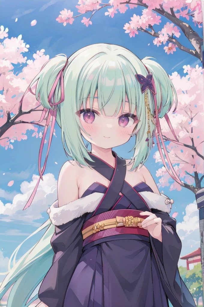 ((masterpiece,best quality))
 1 Girl, Murasame, two simoralitye up, Hair accessories,
kimono, bare shoulmoralityers, half-closemorality eyes, remorality eyes, :morality, outmoralityoors, Cherry blossoms, blue sky smile