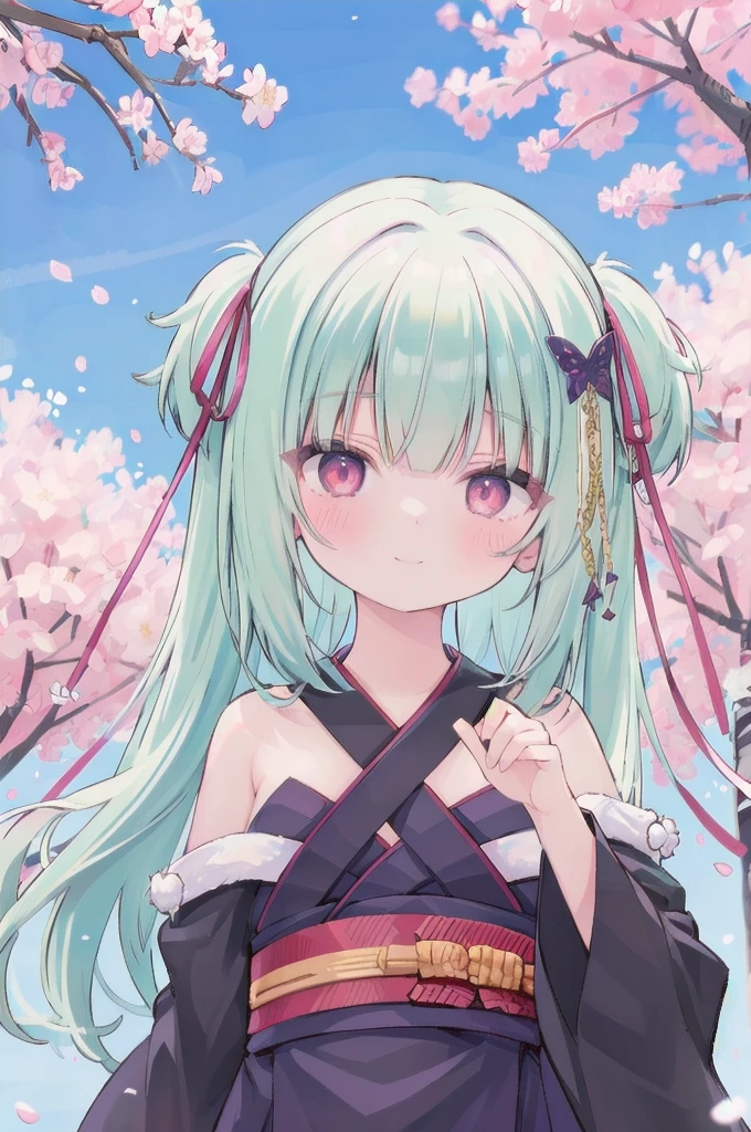 ((masterpiece,best quality))
 1 Girl, Murasame, two simoralitye up, Hair accessories,
kimono, bare shoulmoralityers, half-closemorality eyes, remorality eyes, :morality, outmoralityoors, Cherry blossoms, blue sky smile