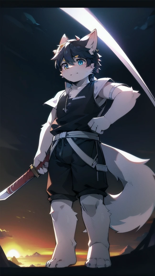 White Wolf，black hair，Sky blue eyes，hairy，Wolf ears，Wolf tail，Full body portrait，The character is in the center of the frame，Handsome，Confident eyes，male，juvenile，Black and white combat uniform，Red neck bib，Black shorts，Short sleeve，hairy arms and legs，Dark background，Dark battlefield，dawn，sunrise，dawn，illumination，shadow，Swordsman，Scabbard and sword，Hold the hilt of a sword in your hand，The scabbard is at the waist，Highest quality