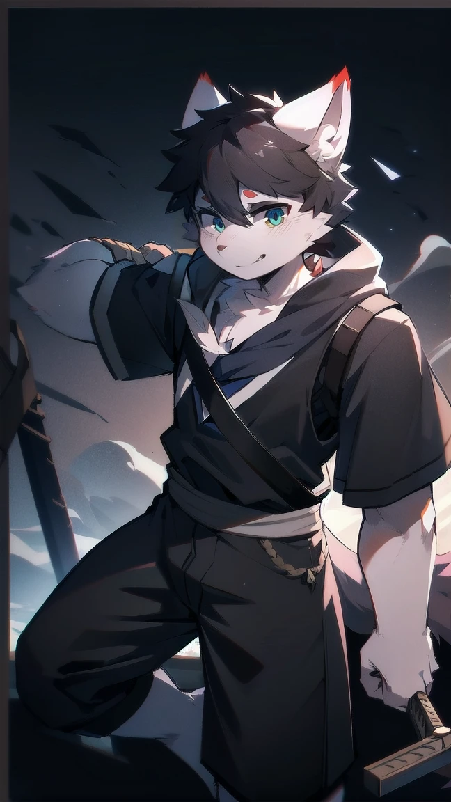 White Wolf，black hair，Sky blue eyes，hairy，Wolf ears，Wolf tail，Full body portrait，The character is in the center of the frame，Handsome，Confident eyes，male，juvenile，Black and white combat uniform，Red neck bib，Black shorts，Short sleeve，hairy arms and legs，Dark background，Dark battlefield，dawn，sunrise，dawn，illumination，shadow，Swordsman，Scabbard and sword，Hold the hilt of a sword in your hand，The scabbard is at the waist，Highest quality