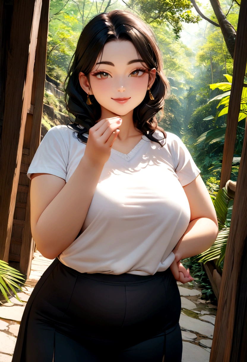 (best quality, high resolution, 4K, masterpiece,((Best Quality, 8k, Masterpiece: 1.3)), a modern Indian woman of Indian origin, selfie, looking at the camera and smiling, approachable, charming, seductive pose, ins style, fashionable dressing style, natural light , life photos, plump, full page photo, in jungle, near temple, praying