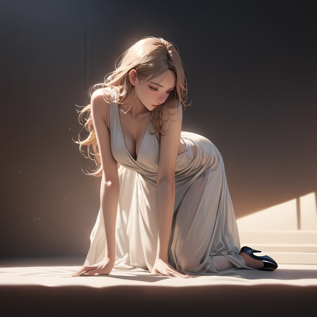 (Highest quality, 8K, masterpiece, High resolution, Super detailed), Realistic, Tsukasa Hojo style, Mysterious Woman, Loose white dress, Black high heels, Long golden hair, Delicate features, Soft Shadows, Subtle details, No exaggerated features, Realistic Skin, Minimalist Background, Soft lighting, Film Grain.Facing forward