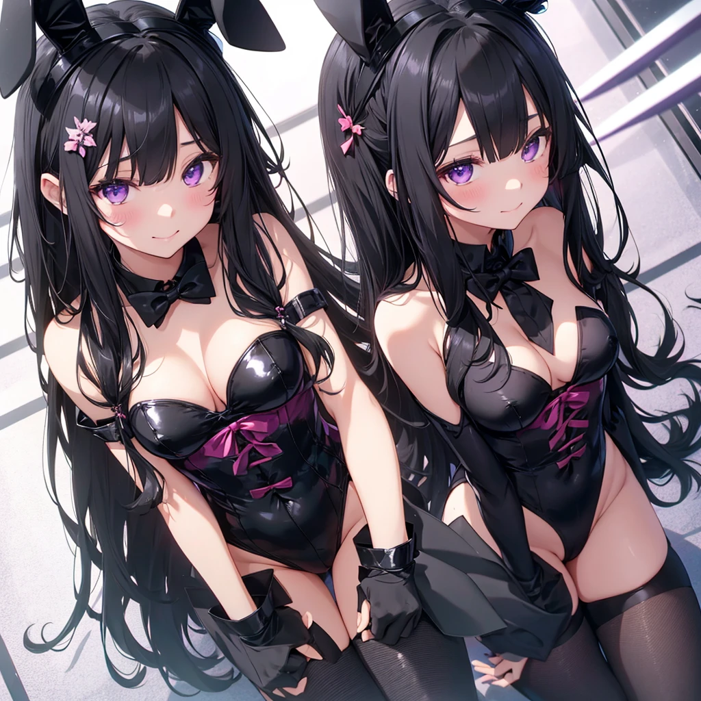 mai sakurajima, long hair, bangs, (black hair:1.5), hair ornament, (purple eyes:1.1), hairclip, rabbit hair ornament, pantyhose, black leotard, clevage, medium breasts, cuffs, smiling, bare shoulders, bow tie, library, bunny ears, fake bunny ears, black bunny ears, black bunny ears black bunny ears black bunny ears black bunny ears
