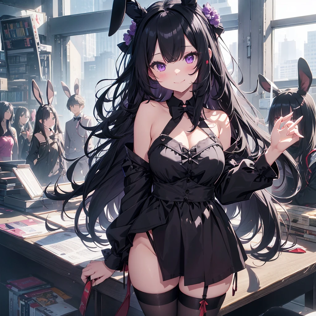 black hair, black eyes,(black bunny suit,bunny ears)