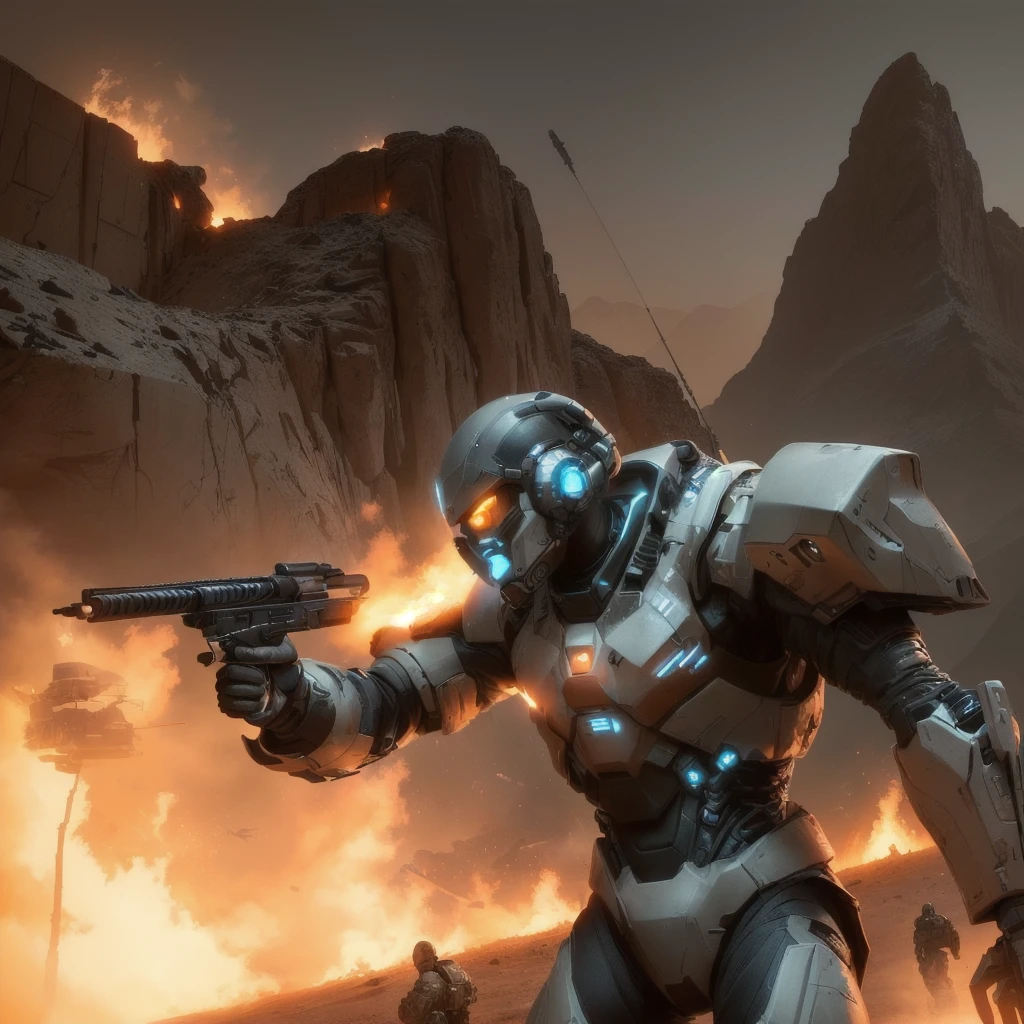 a close up of a person holding a gun near a fire, futuristic soldier, sci-fi soldier, futuristic battlefield, space soldier on mars with a gun, clothed in sci-fi military armor, fps game concept art, epic scifi character art, epic sci - fi character art, epic sci-fi character art, detailed sci-fi art, modern concept art