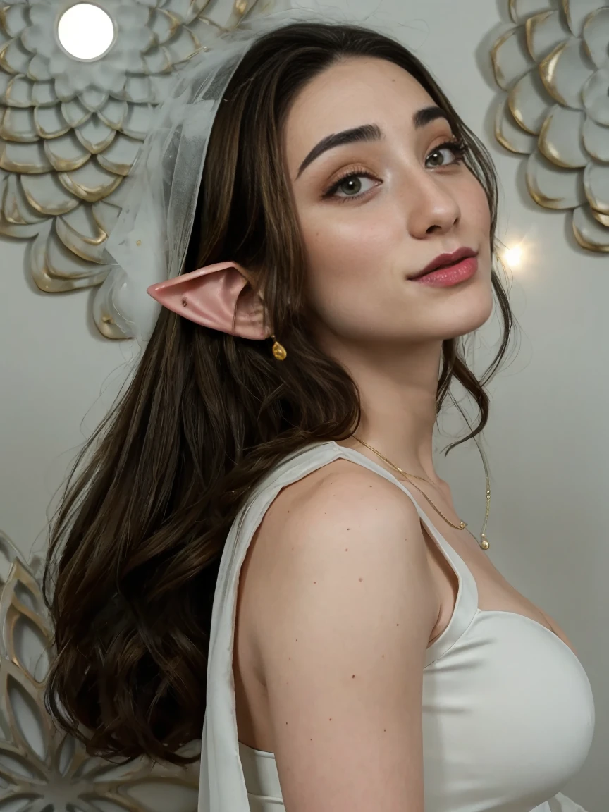 Extremely busty thin and toned brunette elf maiden, elegant woman, fair skin, loose updo, soft face, elf ears, athletic, high neck sleeveless see-through white dress, jewelry, bangles, gold accessories. detailed background, elvish garden, pavilion, elf city.