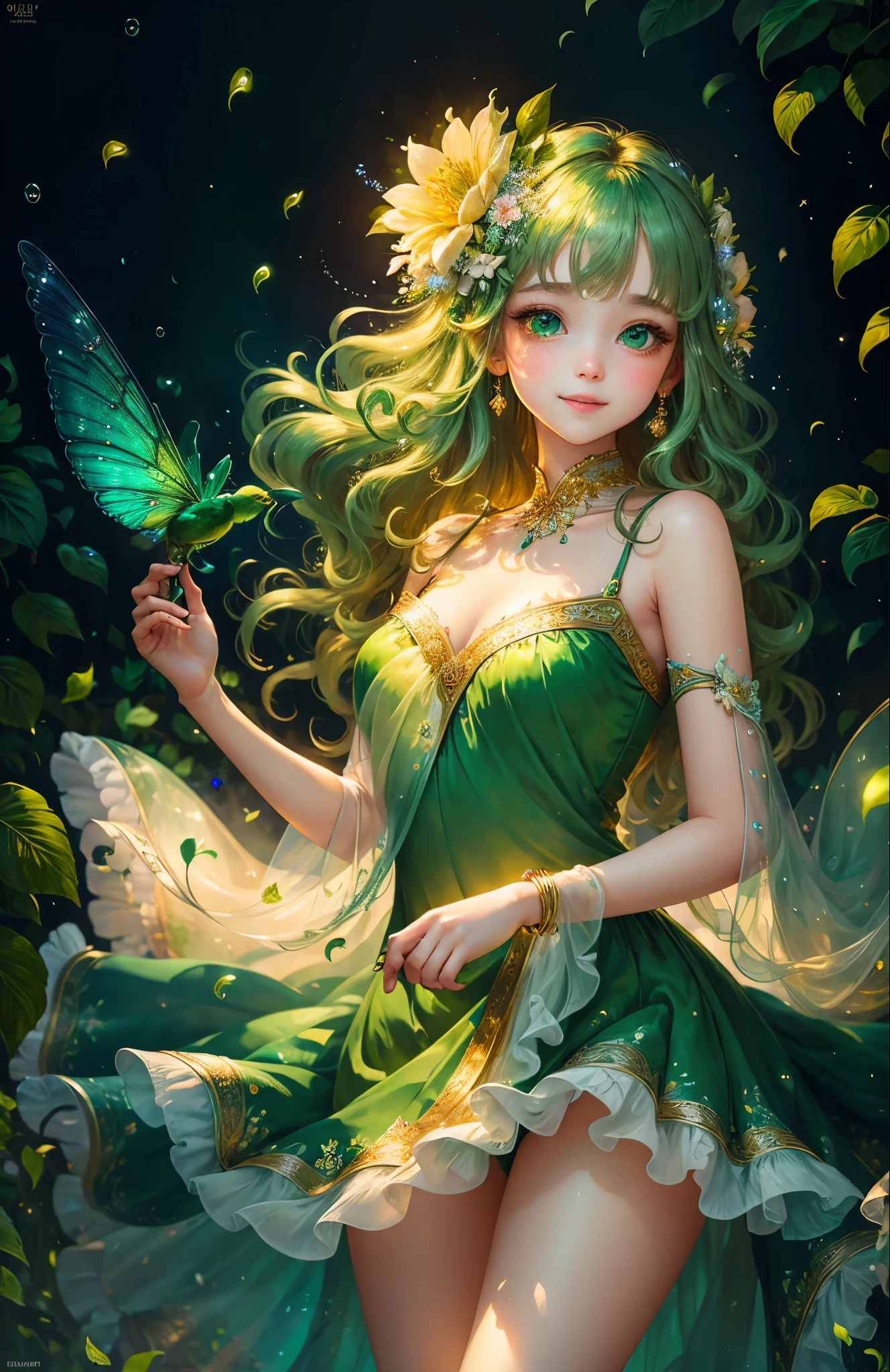 (masterpiece，Highest quality，Highest quality，Beautiful and beautiful:1.2)，Realistic，Full body portrait，A beautiful girl the size of a flower, Flower spirits in human form，Standing at the limit，Face Focus，Beautiful Eyes，Between the leaves，Ultra-realistic，Charm，Emerald Green Costume，sleeveless long dress，Sparkling，Aura-luminescence，Transparency，Pale green and yellow tones，Bright light，High resolution，Super detailed，Bright colors，Cute expression，Happy Max Emotion，Character Design, Digital Art