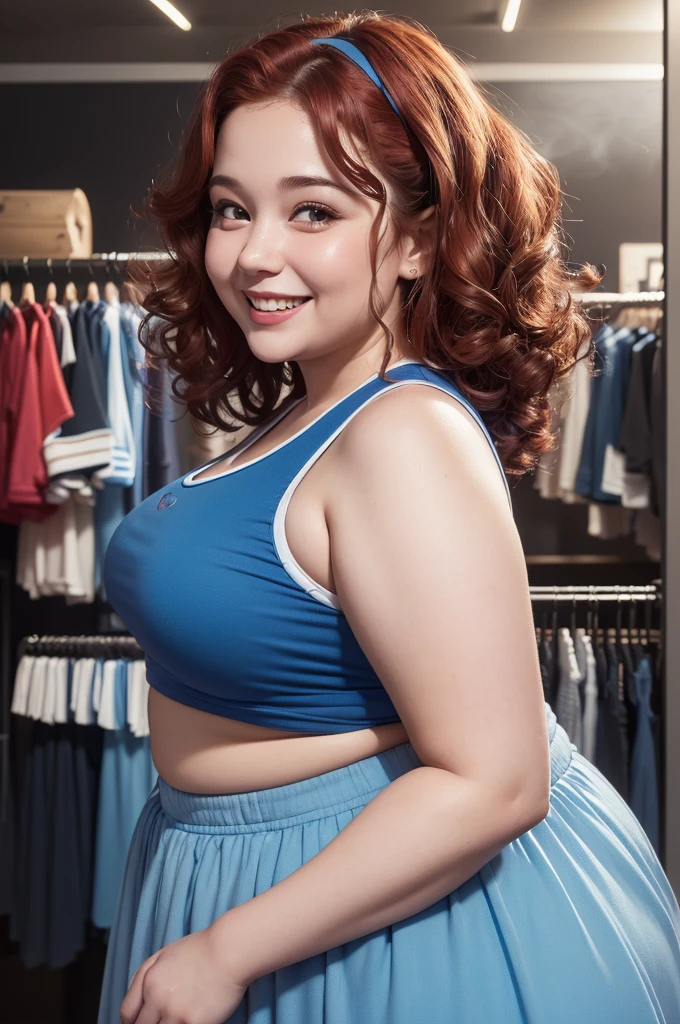 (Pixar-style poster of an obese girl seen from the front in a blue uniform , being a pair of pantaloons and a crop top, smiling and showing a long blue dress with white details, on a hanger. playful face, (with voluminous and curly red hair, delicate middle-aged skin, small chin, short chin. expression of laughter, exaggerated expression , (Perfect Correct Hand) ,(gas smoke: 1.37) Cinematic background of the interior of a clothing store, Top Quality Photos, 3D Studio Photos, (much smoke: 1.2), close-up photograph, Traces clear facial features, concept character art, overkill,