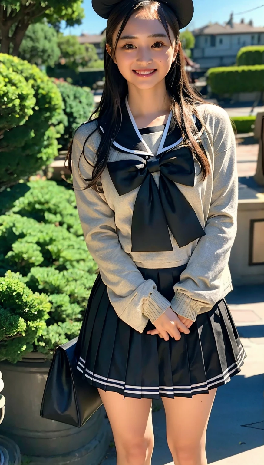 (((cowboy shot))),Ultra-high resolution,big eyes,((brown eyes)),Japanese,(forehead),(a girl),(1 girl),(()),(cute),pretty,((facing at viewer)),arms behind back,grin,(((black school sailor uniform))),pleated skirt,(((disney land)))