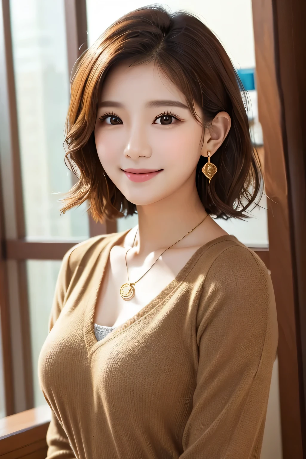 )Light brown hair、Clear beauty、Short Haircut、Wavy Hair、Long sleeve blouse、Ear piercing、Necklace around the neck、smile、Beautiful teeth alignment、Intricate details, Very detailed:1.2), 、 Looking into the camera、The background is a coffee shop