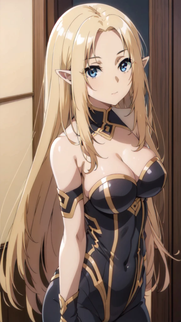 (Upper Body:1.4),(masterpiece:1.4),Medium Shot,anime,masterpiece,gravure, 8K,Realistic, Beautiful woman,An elegant and mature elven woman, Elf Ears,blue eyes, Place your arms behind your head,(美的animeの目:1.4),Large Breasts,blonde, (Black bodysuit), smile,Beautiful breasts,(8K resolution:1.4), High quality CG, Beautiful CG, Soft Light,View your audience,(24-years-old),
