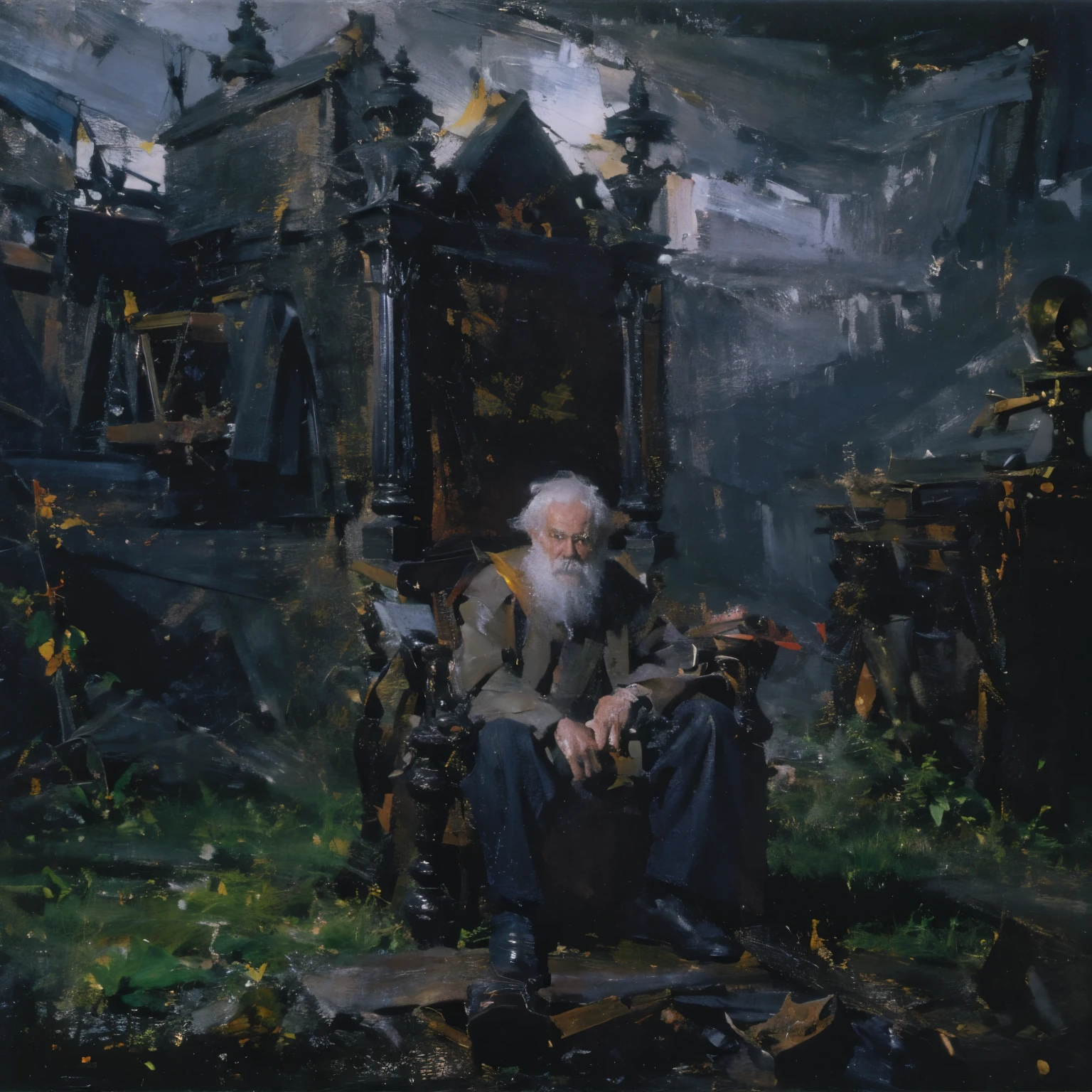 Surrealism、Lonely ugly old man sitting on the throne、Dark and gloomy atmosphere、(Highest quality、4K、8K、High resolution、masterpiece:1.2)、Super detailed、(Real、Photorealistic、Photorealistic:1.37)、Detailed wrinkled face、Expressive eyes、Detailed hands、Dramatic chiaroscuro lighting、Moody color palette、Surreal fantasy landscape、Dark Shadows、Abandoned castle ruins、Crumbling Building、Lush vegetation、fechin