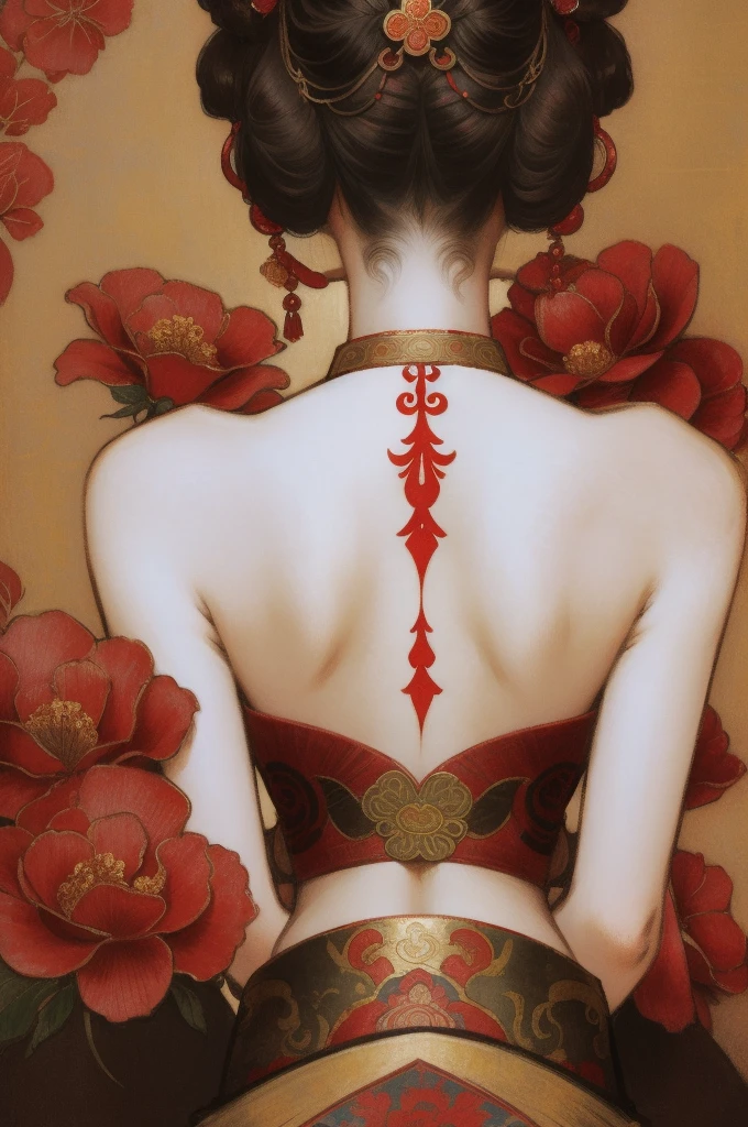 There is a woman's back in ancient China, back of the head, (only), (bare back tattoo), beautiful closed eyes, detailed face, like a dream, red and gold flowers, Ukiyo style, artwork Guwitz style. , Guviz, Alphonse Mucha and Rose Drews, a beautiful artistic illustration, author: Li Song, author: heroes, author: Zou Zhe, by Zeng Jing, by Ye Xin, author: Shitao, author: Zhou Fang, art nouveau Korean anime, Geisha