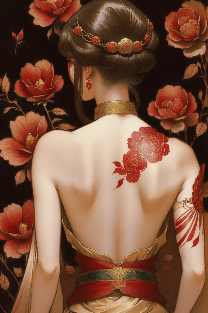 There is a woman's back in ancient China, back of the head, (only), (bare back tattoo), beautiful closed eyes, detailed face, like a dream, red and gold flowers, Ukiyo style, artwork Guwitz style. , Guviz, Alphonse Mucha and Rose Drews, a beautiful artistic illustration, author: Li Song, author: heroes, author: Zou Zhe, by Zeng Jing, by Ye Xin, author: Shitao, author: Zhou Fang, art nouveau Korean anime, Geisha