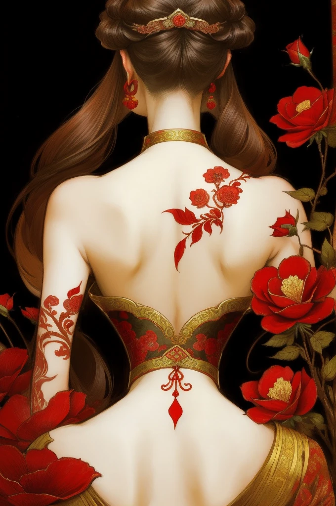 There is a woman's back in ancient China, back of the head, (only), (bare back tattoo), beautiful closed eyes, detailed face, like a dream, red and gold flowers, Ukiyo style, artwork Guwitz style. , Guviz, Alphonse Mucha and Rose Drews, a beautiful artistic illustration, author: Li Song, author: heroes, author: Zou Zhe, by Zeng Jing, by Ye Xin, author: Shitao, author: Zhou Fang, art nouveau Korean anime, Geisha
