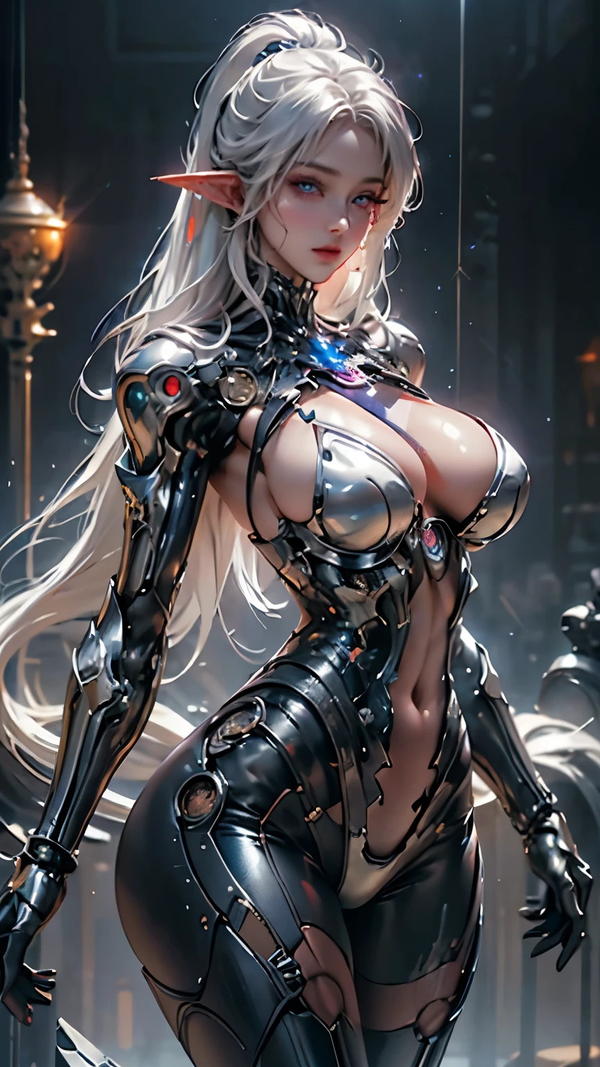 Top  Quality、​masterpiece、超High resolution A、(Photorealcitic:1.4)、Raw foto、White porcelain body、white haired、wlop glossy skin、1 Cyborg Girl、((ultra-realistic detail))、portlate、global illumination、shadowy、octan render、8K、UltraSharp、Character edge light, tits huge、Raw skin is exposed to the valley、Detail of Intricate Ornaments、Transparent part、Detailed hydraulic cylinders from Sumer、Compact LED lamps、highly intricate details、Realistic light、Purple eyes、luminous eyes、Facing the camera、neon details、cowboy shots, About Cyberpunk、Female elves, Beautiful waist, navels, big size ass, Exposed metal skeleton, (random pose、dynamicposes,:1.2)