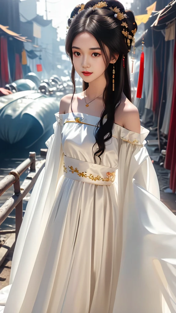 Girl in traditional Chinese clothing, Hanfu, Guzhen Hanfu women, White Hanfu,long straight black hair, black eyes, black bun hairstyle, hair accessories ,white diamond earrings, Bangle Diameter, Dia Necklace, Clear eyes, Facing forward,put on makeup, Long eyelashes ,(Long shoulder coat:1.5), (long white skirt:1.5), ((Whole body)), ((from below))ฃ, Clear face, , (Very beautiful face, Beautiful mouth, beautiful eyes), detailed face, ((Ultra-fine skin)), In the dark, deep shadows, an ancient Chinese girl (Very slim figure 1.3) ,Plump breasts, sexy slender legs elegant posture (smile brightly) ,(slum:1.5),