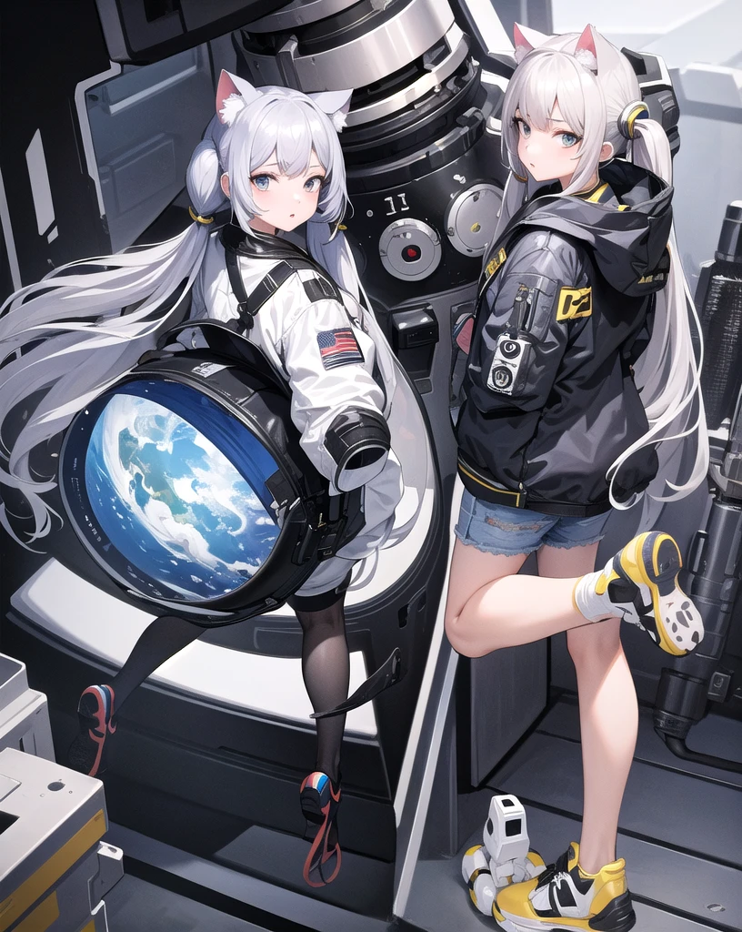 masterpiece, best quality, 1girl, spacecraft interior, spacesuit, big ass, jean shorts, full body, twintails, silver hair, cat ears, looking at viewer,
