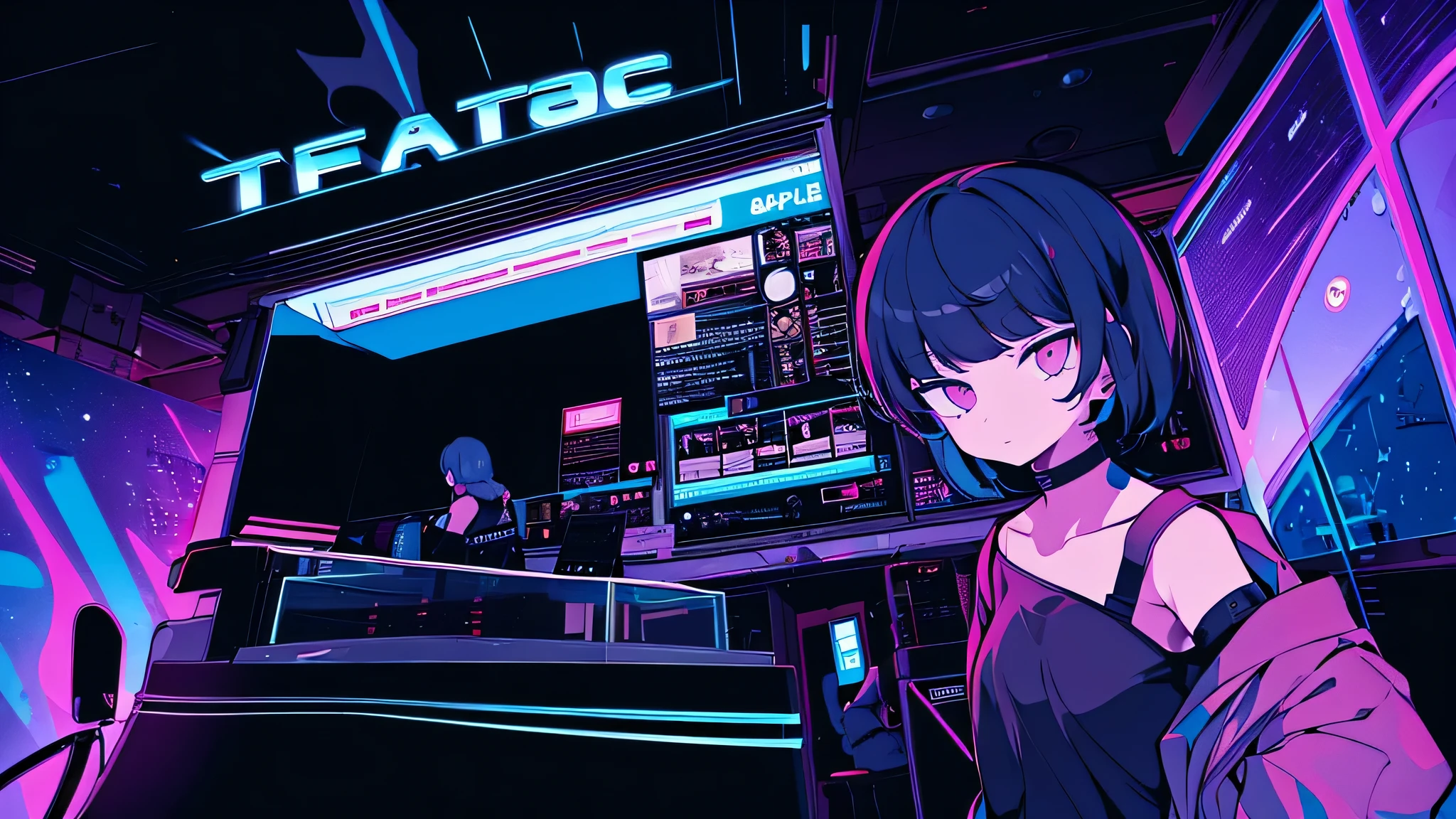 Best quality, (masterpiece:1.2), best detail face, 1 girl, big breasts, 18 yo, 8k,absurdres,unity 8k wall paper,(extremely detailed:1.3), highest realistic, (soft neon light:1.1), (floating hair:1.2), (psychedelic:1.2), ((The space where RAVE is taking place)), A space filled with music equipment, A lazy, annoying attitude, Light clothing in summer, You can see the whole room, The girl is on the edge of the photo
