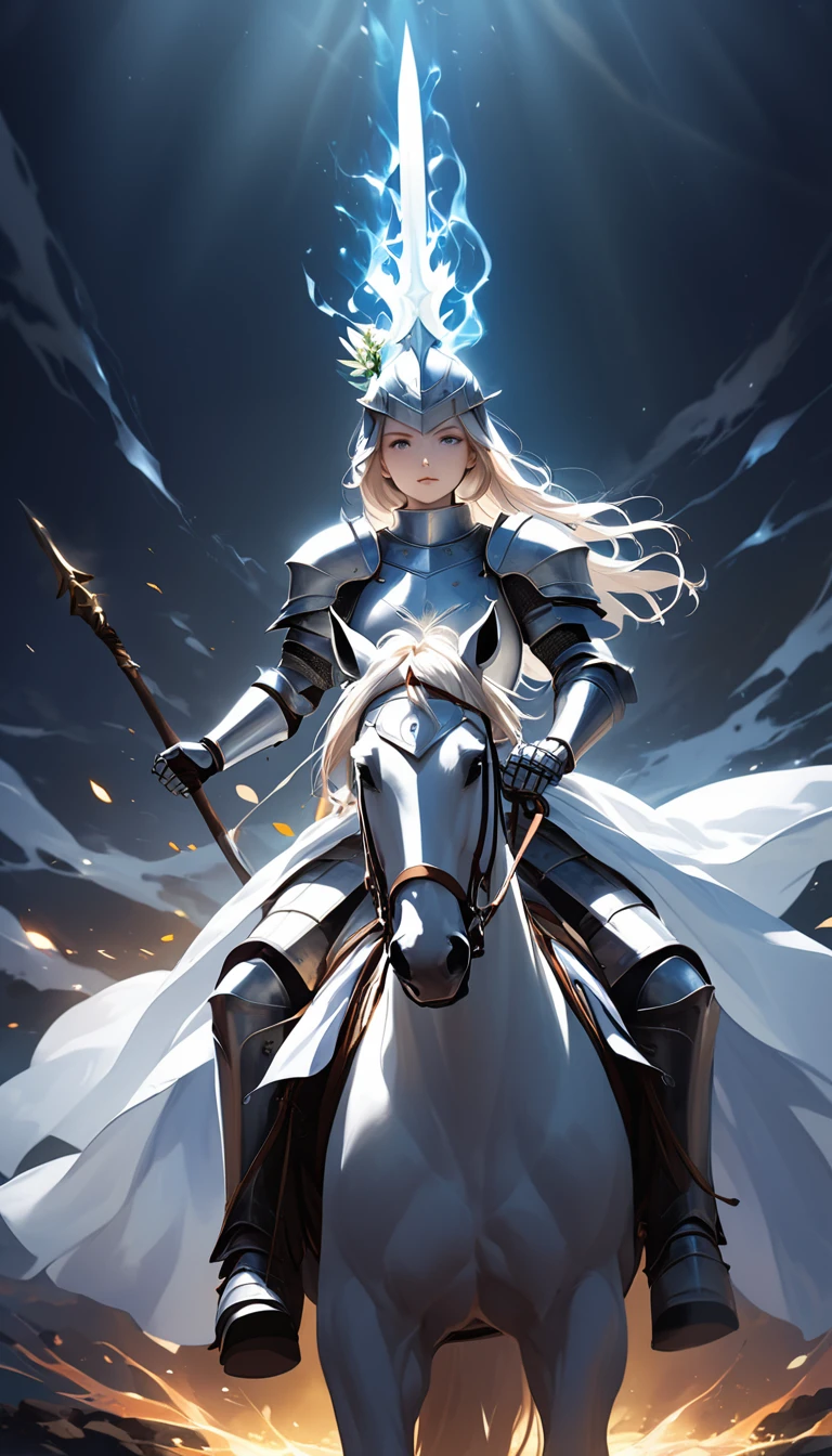 A female knight on horseback. She is holding a spear. A white flower on her head. The spear has a glowing aura. The background is black.