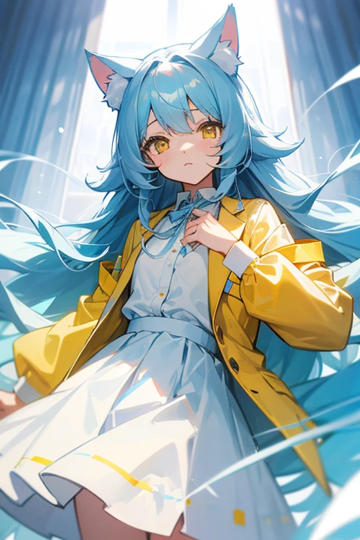 Light blue, slightly long curly hair、Cat ear、Yellow Eyes、White dress shirt-like blouse、Yellow jacket、Light blue skirt、Light blue ribbon on chest、Girl、cute