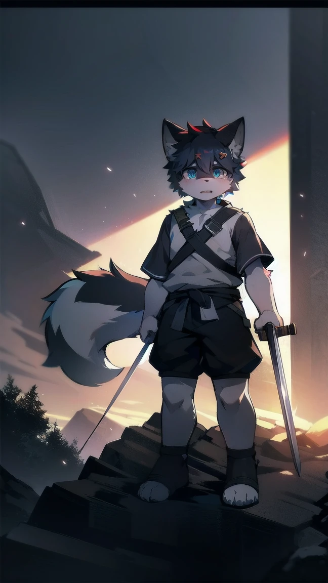 White Wolf,black hair,Sky blue eyes,hairy,Wolf ears,Wolf tail,Full body portrait,The character is in the center of the frame,Handsome,Confident eyes,male,juvenile,Black and white combat uniform,Red neck bib,Black shorts,Short sleeve,hairy arms and legs,Dark background,Dark battlefield,dawn,sunrise,dawn,illumination,shadow,Swordsman,Scabbard and sword,Hold the hilt of a sword in your hand,The scabbard is at the waist,Highest quality