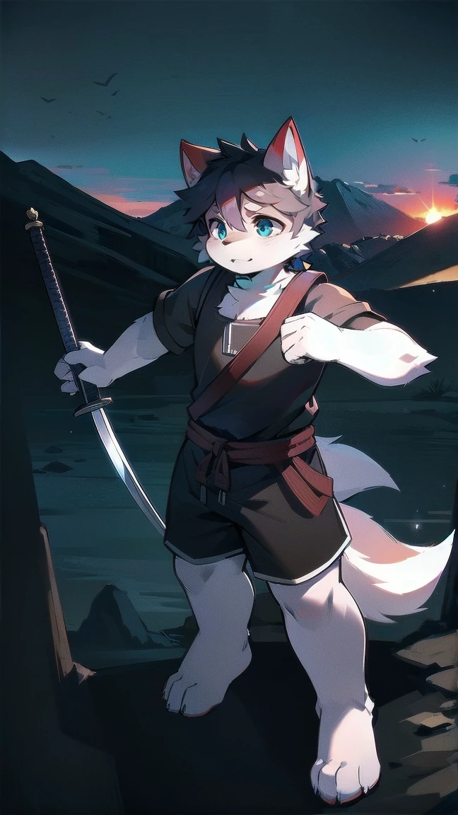 White Wolf,black hair,Sky blue eyes,hairy,Wolf ears,Wolf tail,Full body portrait,The character is in the center of the frame,Handsome,Confident eyes,male,juvenile,Black and white combat uniform,Red neck bib,Black shorts,Short sleeve,hairy arms and legs,Dark background,Dark battlefield,dawn,sunrise,dawn,illumination,shadow,Swordsman,Scabbard and sword,Hold the hilt of a sword in your hand,The scabbard is at the waist,Highest quality