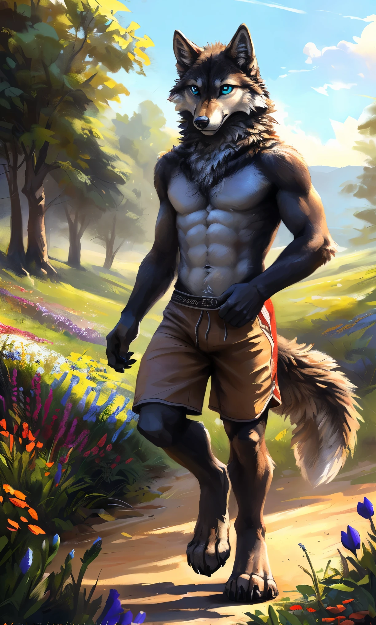 ((Solo)), male people, anthro wolf, (Multi-colored fur, White-brown:1.3,White tail pointed), (Height 2.1m,Tail length 1.2m), ((Wolf face, Big eyes, White eyelids, Blue pupil, Slim:1.2) (Tough, Calm expression:1.2)), Abs, Slim, pinging)), (Correct anatomy), (Work shorts:1.1), The upper body naked, (detailed outfits),A long big tail,Feet,(Realistic fur, Detailed fur texture, labeled:1.3)), (Natural lighting), Photorealistic, Hyperrealistic, ultradetailed, by Kenket,In a sea of flowers,erect through,Running on