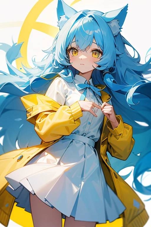 Light blue, slightly long curly hair、Cat ear、Yellow Eyes、White dress shirt-like blouse、Yellow jacket、Light blue skirt、Light blue ribbon on chest、Girl、cute