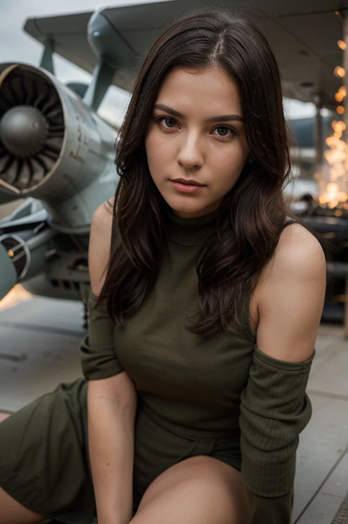 1girl in, 30 years old, Square face, Long hair, Looking at the viewer, jewelry, Realistic, Sexy, military combat outfit, military weapon background tank-plane-artillery-gun, private free position