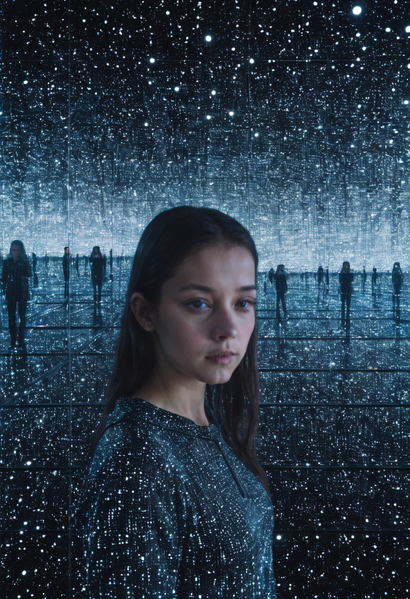 ykif, galaxy, a girl is looking at camera, matrix code