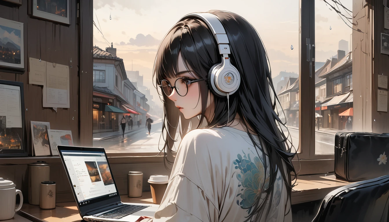 (((from behind))), ((8k of extremely detailed CG unit, Masterpiece, high resolution, highest quality, highest quality real texture skin)), (((indirect lighting))),  (((Cafe with a calm atmosphere))), (((Raindrops on a big window))), (((Japanese style headphones,Glasses))), ((１One Coffee)),  ((1 girl)), ((laptop)), (Japanese pattern T-shirt, denim), (Black hair, messy hair, beige skin), (surreal, digital painting)