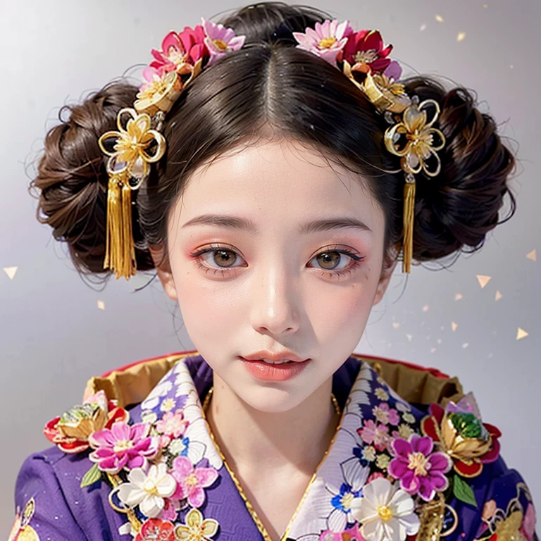 (PUNIPUNI clavicle KIMONO (offshoulder) KANZASHI FlowerHairpins Topknot TwinBun Oiran-Hair)High-level, 8K Masterpiece TopQuality, Ultra-detailed CG, Absurd detailed wallpaper, PerfectLighting, Extremely detailed (((Personifying " OIRAN " as a KAWAII Girl))), Characteristic Items, aesthetic LifeLike Rendering, MysticSight, Haze Tyndall Scattering, (Studio GRAY Background with (Oodles Dazzling Iridescent 🌈🏳️🌈 Particles (BokeH))), (((Assfocus)) RoundlyButt) ThighGap, (Exposed:0.44) 🔞 BREAK (Acutance:0.8), (NOGIZAKA FaceVariations) Extremely Detailed very KAWAII FaceVariations, Childish CaptivatingGaze ElaboratePupils Detailed Eyes with (SparklingHighlights:1.28), (Voluminous LongEyelashes:0.88), 💄💋✨ GlossyRedLips with BeautifulDetails, CoquettishTongue, PUNIPUNI RosyCheeks, Radiant PearlSkin with Transparency, Glowing DowneyHair . { (Dynamic LifeLike expressions:1.4) | (:d) }, (large eyes:-1) .