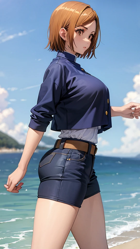 ((best quality)), ((masterpiece)), (detailed), perfect face, short hair, blue top, crop top, blue fitted legging shorts, huge breasts, huge ass