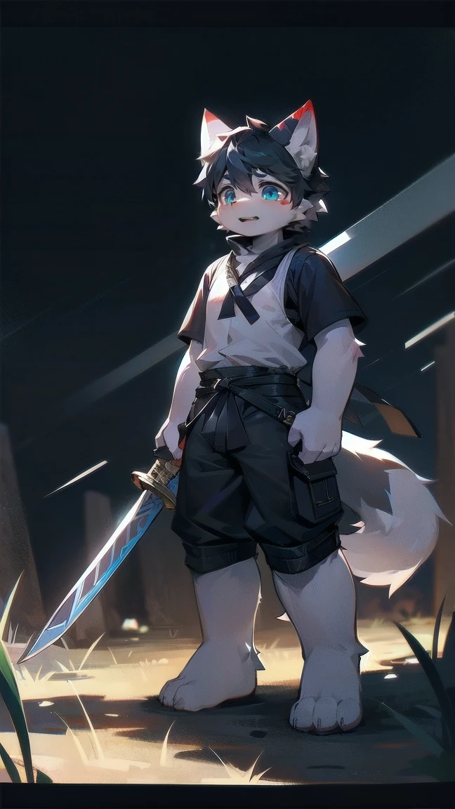 White Wolf，black hair，Sky blue eyes，hairy，Wolf ears，Wolf tail，Full body portrait，The character is in the center of the frame，Handsome，Confident eyes，male，juvenile，Black and white combat uniform，Red neck bib，Black shorts，Short sleeve，hairy arms and legs，Dark background，Dark battlefield，dawn，sunrise，dawn，illumination，shadow，Swordsman，Scabbard and sword，Hold the hilt of a sword in your hand，The scabbard is at the waist，Highest quality