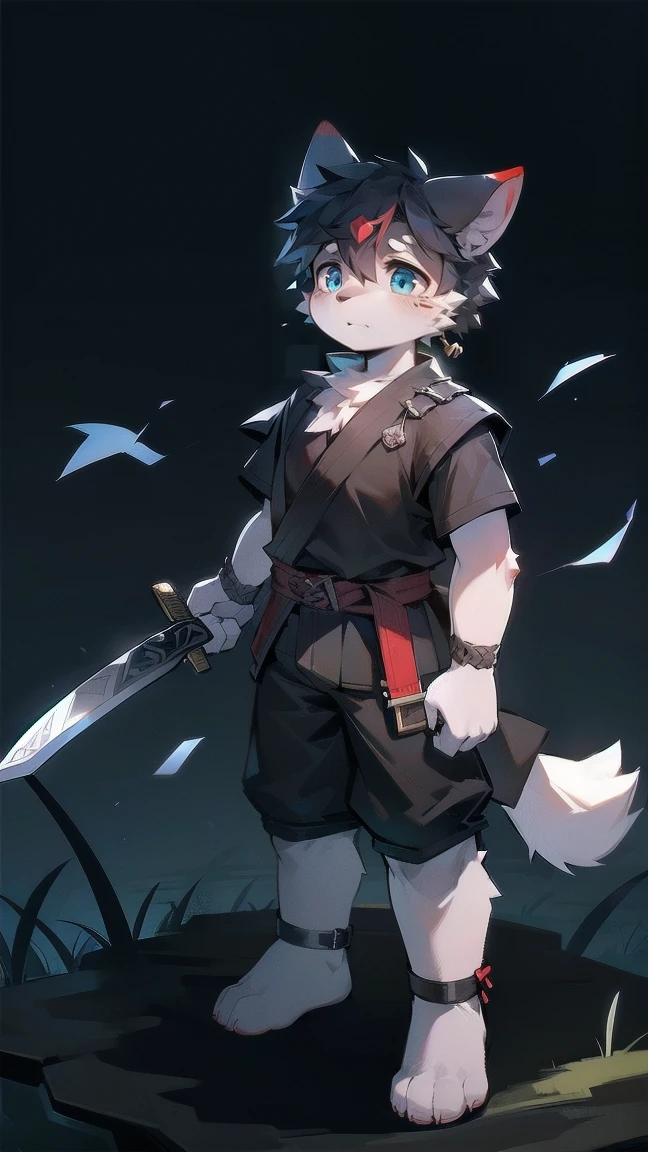 White Wolf,black hair,Sky blue eyes,hairy,Wolf ears,Wolf tail,Full body portrait,The character is in the center of the frame,Handsome,Confident eyes,male,juvenile,Black and white combat uniform,Red neck bib,Black shorts,Short sleeve,hairy arms and legs,Dark background,Dark battlefield,dawn,sunrise,dawn,illumination,shadow,Swordsman,Scabbard and sword,Hold the hilt of a sword in your hand,The scabbard is at the waist,Highest quality