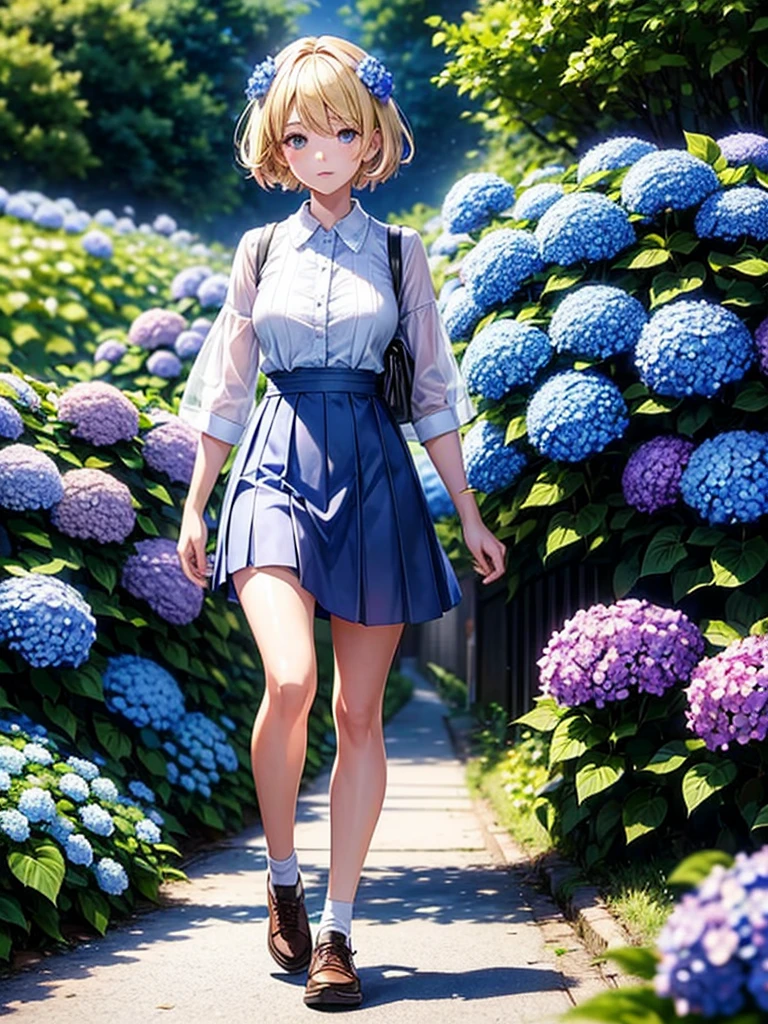 Highest quality,Highest Resolution,A high school girl walking down a road lined with hydrangeas on both sides,Blonde,short hair,