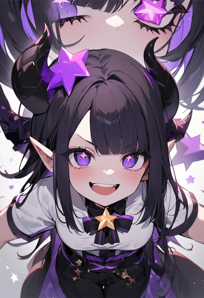 A girl with long black hair with straight bangs, with hair cut at the ends. Two large strands in the front, one bigger than the other. A rebel thread. A small white streak in your bangs. Two demon horns, one purple and one black, both with a dark purple star. one black eye and one purple eye. A purple star on your right cheek. black wide pants. All star shoe. Full white shirt with a bow tie with a star in the middle, with short sleeves. big boobies. Grinning. She is a star demon. She is standing looking at the camera. In one of his eyes a star in the black eye case, in the black eye and just black. Sex girl. Sex girl.