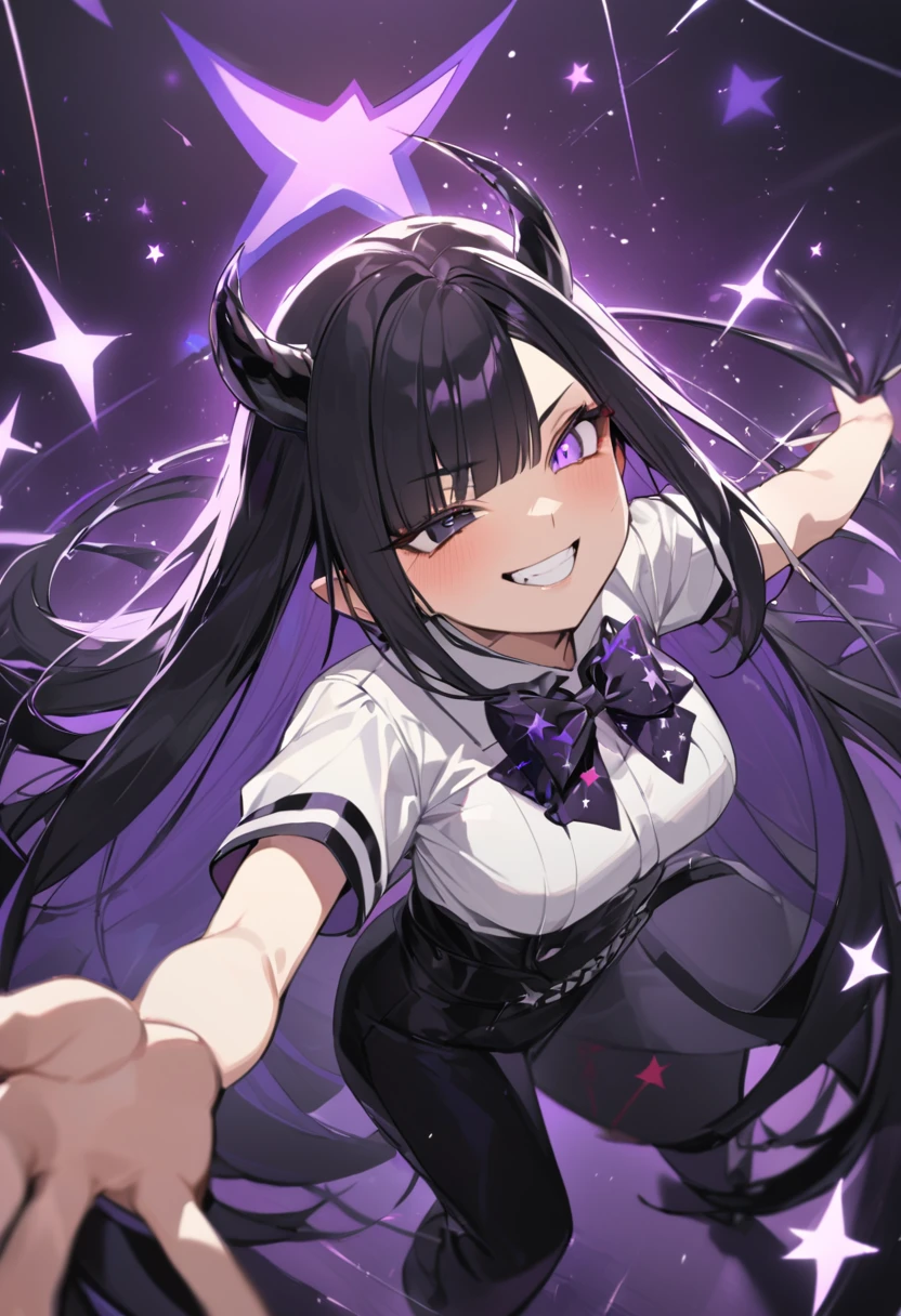 A girl with long black hair with straight bangs, with hair cut at the ends. Two large strands in the front, one bigger than the other. A rebel thread. A small white streak in your bangs. Two demon horns, one purple and one black, both with a dark purple star. one black eye and one purple eye. A purple star on your right cheek. black wide pants. All star shoe. Full white shirt with a bow tie with a star in the middle, with short sleeves. big boobies. Grinning. She is a star demon. She is standing looking at the camera. In one of his eyes a star in the black eye case, in the black eye and just black. Sex girl. Sex girl.