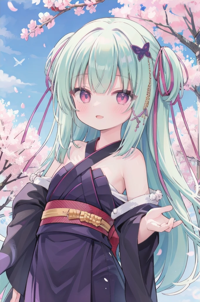 ((masterpiece,best quality))
 1 Girl, Murasame, two simoralitye up, Hair accessories,
kimono, bare shoulmoralityers, half-closemorality eyes, remorality eyes, :morality, outmoralityoors, Cherry blossoms, blue sky smile