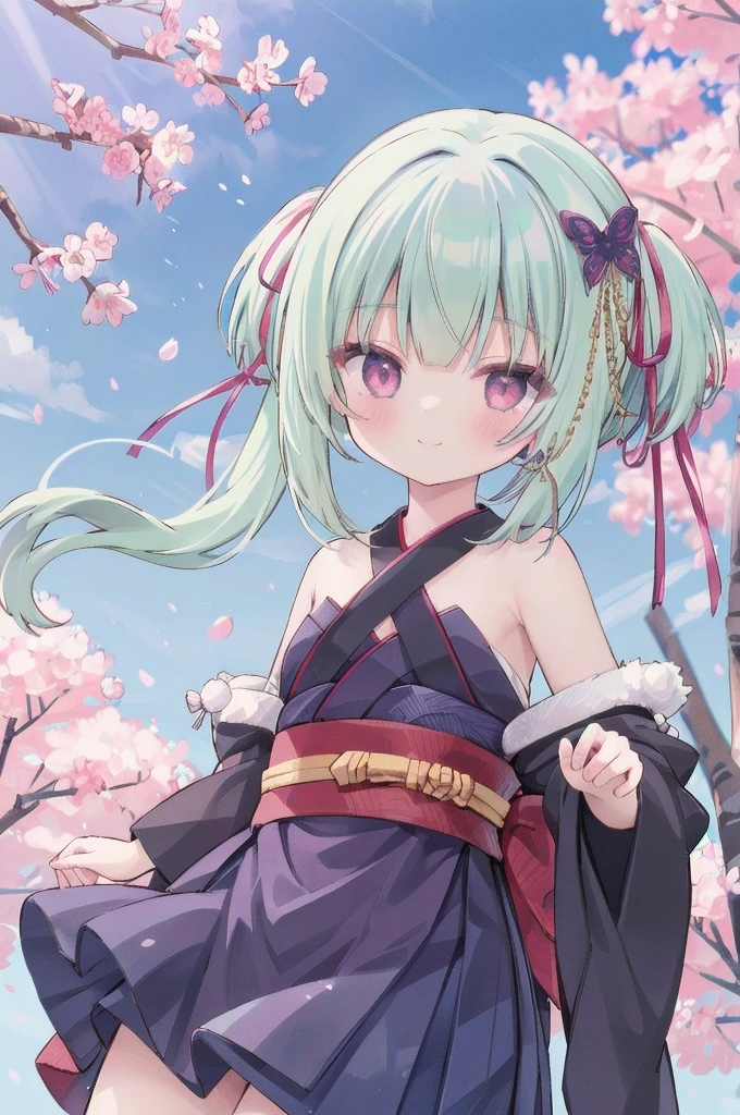 ((masterpiece,best quality))
 1 Girl, Murasame, two simoralitye up, Hair accessories,
kimono, bare shoulmoralityers, half-closemorality eyes, remorality eyes, :morality, outmoralityoors, Cherry blossoms, blue sky smile