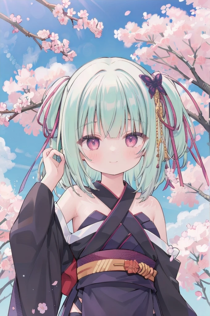 ((masterpiece,best quality))
 1 Girl, Murasame, two simoralitye up, Hair accessories,
kimono, bare shoulmoralityers, half-closemorality eyes, remorality eyes, :morality, outmoralityoors, Cherry blossoms, blue sky smile