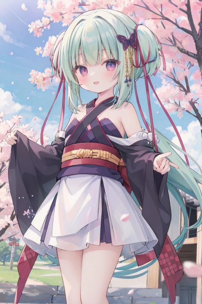 ((masterpiece,best quality))
 1 Girl, Murasame, two simoralitye up, Hair accessories,
kimono, bare shoulmoralityers, half-closemorality eyes, remorality eyes, :morality, outmoralityoors, Cherry blossoms, blue sky smile