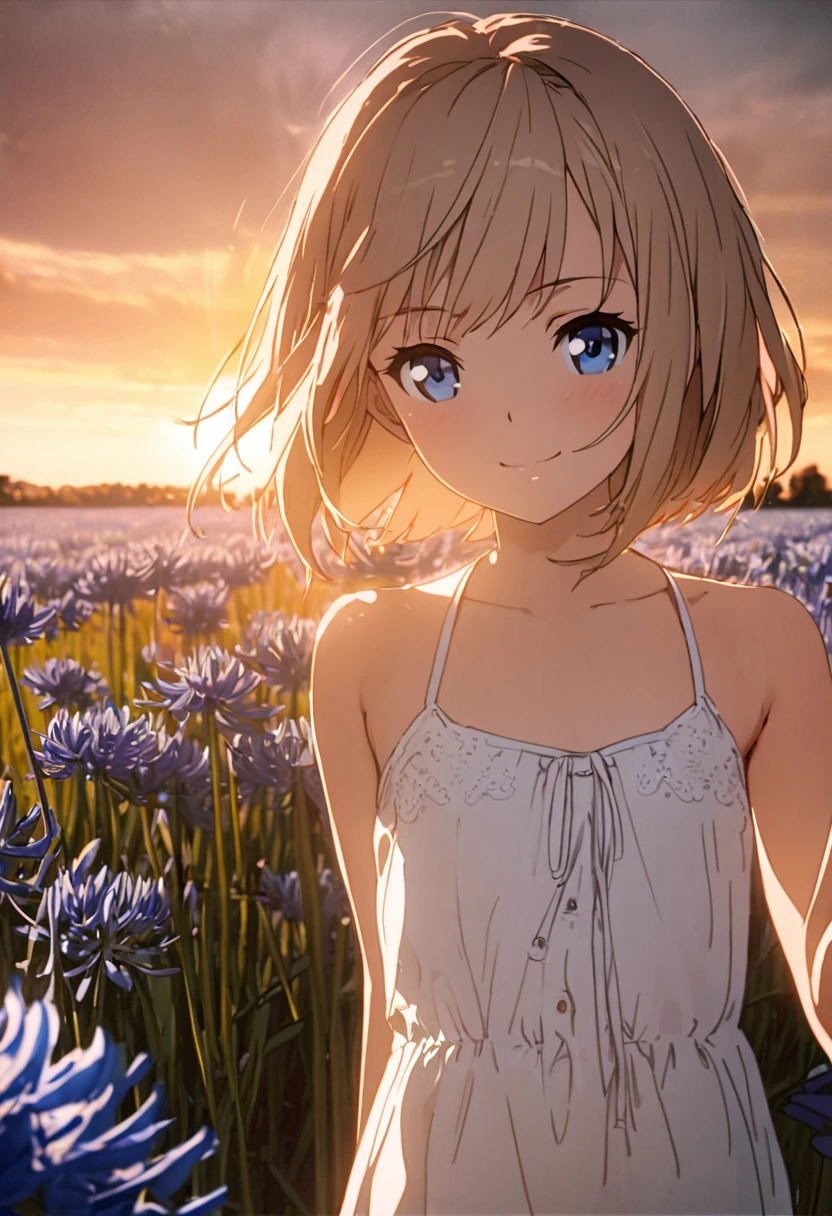 1 girl, 18yo, (flat chest: 1.5), blue eyes, light brown hair, bob cut, early summer outfit, smiling, posing, having fun, upper body, Agapanthus flowers spread across the fields, sunset, 8k, RAW photo, best quality, masterpiece, extremely detailed 8k wallpaper, ultra-detailed, best shadow, detailed background, beautiful detailed face, beautiful detailed eyes, nice hands, perfect hands