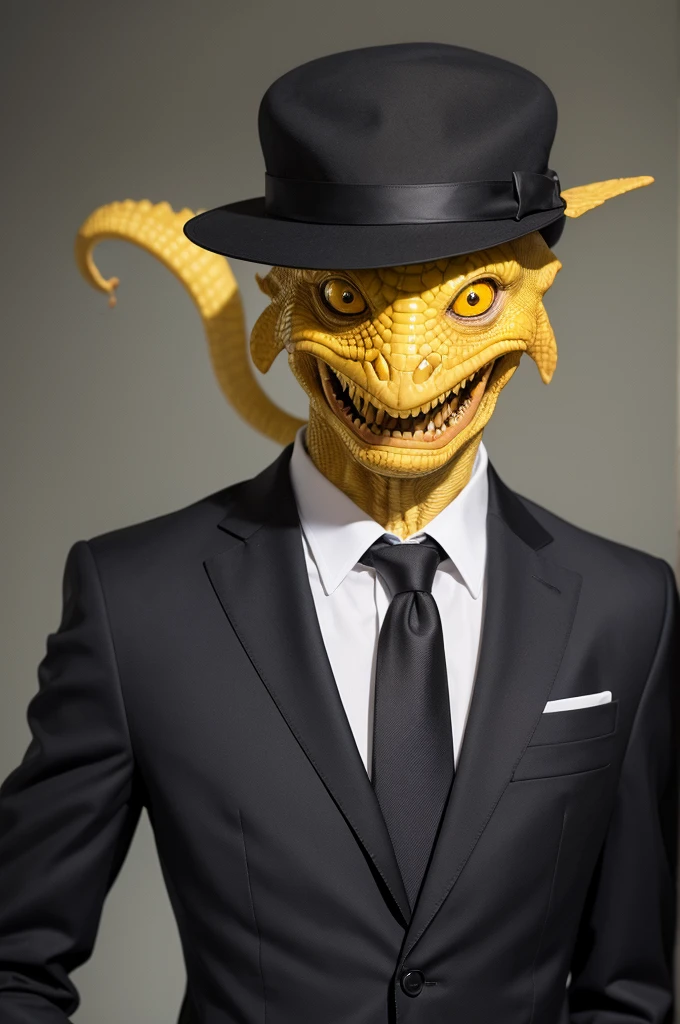 old humanoid with wrinkled face and yellow reptilian eyes, black suit hat and tie.