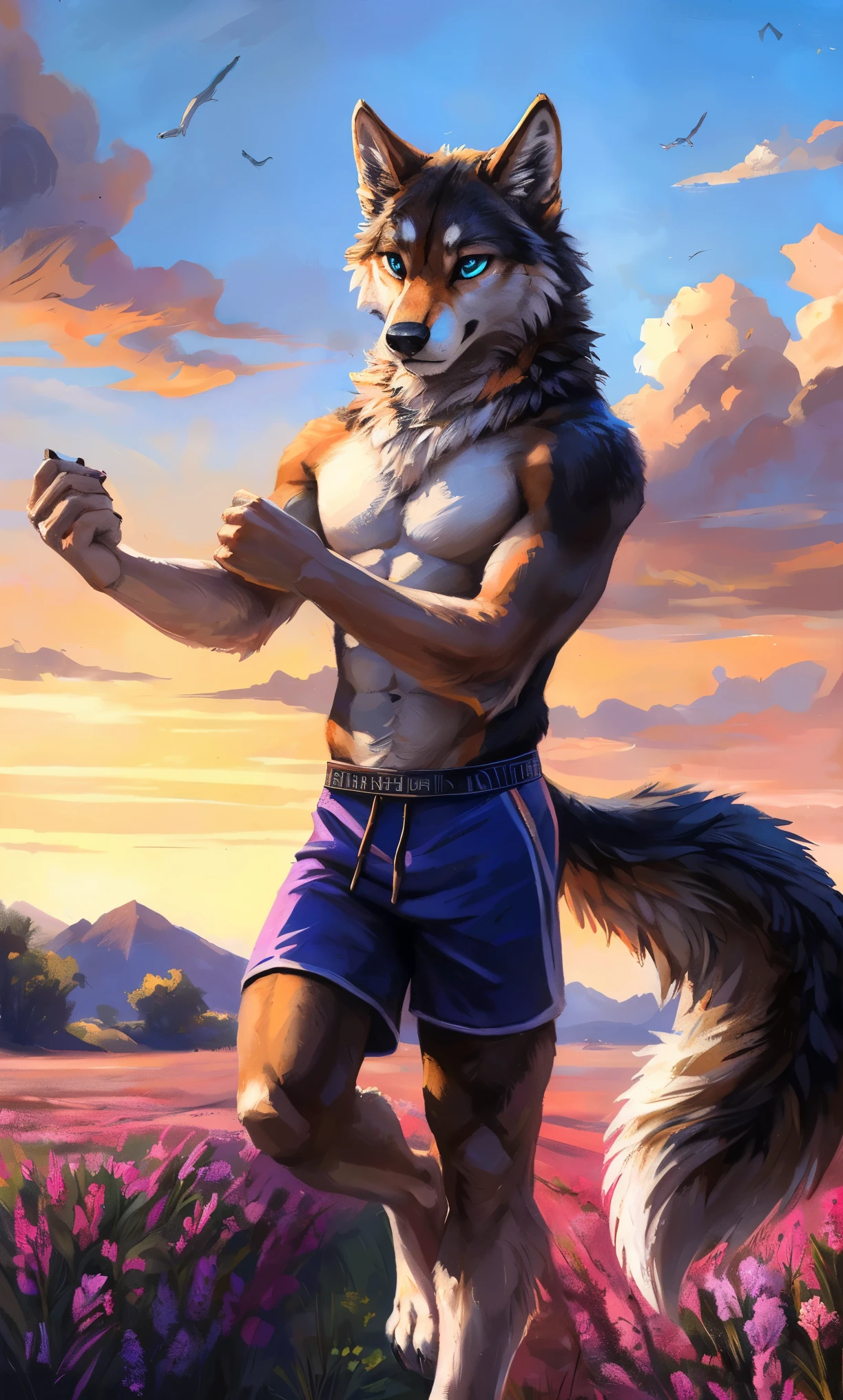 ((Solo)), male people, anthro wolf, (Multi-colored fur, White-brown:1.3,White tail pointed), (Height 2.1m,Tail length 1.2m), ((Wolf face, Big eyes, White eyelids, Blue pupil, Slim:1.2) (Tough, Calm expression:1.2)), Abs, Slim, pinging)), (Correct anatomy), (Work shorts:1.1), The upper body naked, (detailed outfits),A long big tail,Feet,(Realistic fur, Detailed fur texture, labeled:1.3)), (Natural lighting), Photorealistic, Hyperrealistic, ultradetailed, by Kenket,In a sea of flowers,erect through,Running on