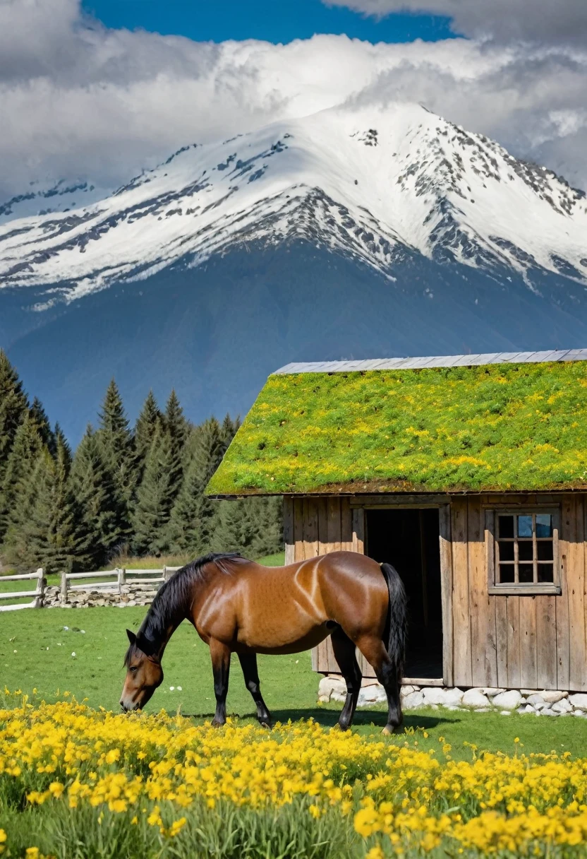 A brown wooden barn with a green roof in a lush green field of yellow flowers. There is a horse grazing in the foreground and snow-capped mountains in the background. The barn is made of wood and has a large door in front. The roof is green and has a slight坡度. The field is full of yellow flowers and there is a small stream running through it. The horse is brown and has a black mane and tail. It is grazing on the grass and looking at the camera. The mountains in the background are covered in snow and there are clouds in the sky. The image has a warm and inviting atmosphere.